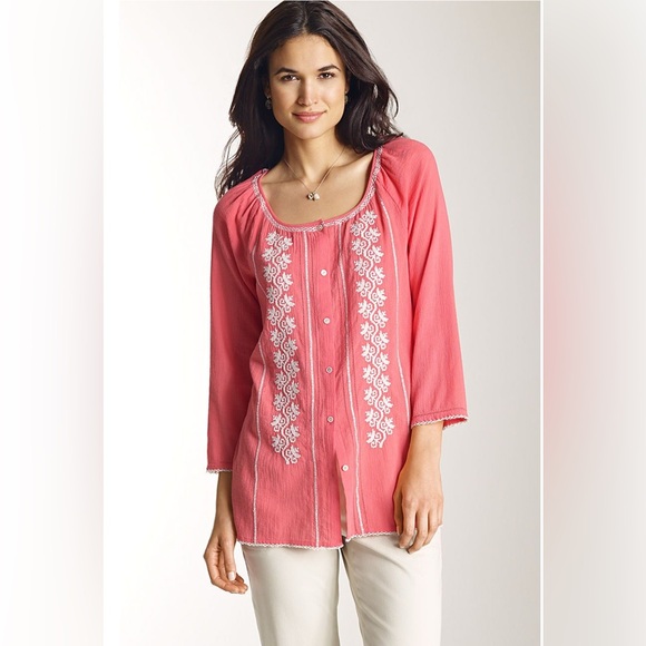 J. Jill Tops - J. Jill Cotton Boho Embroidered Button Up Blouse Pink Size 2X